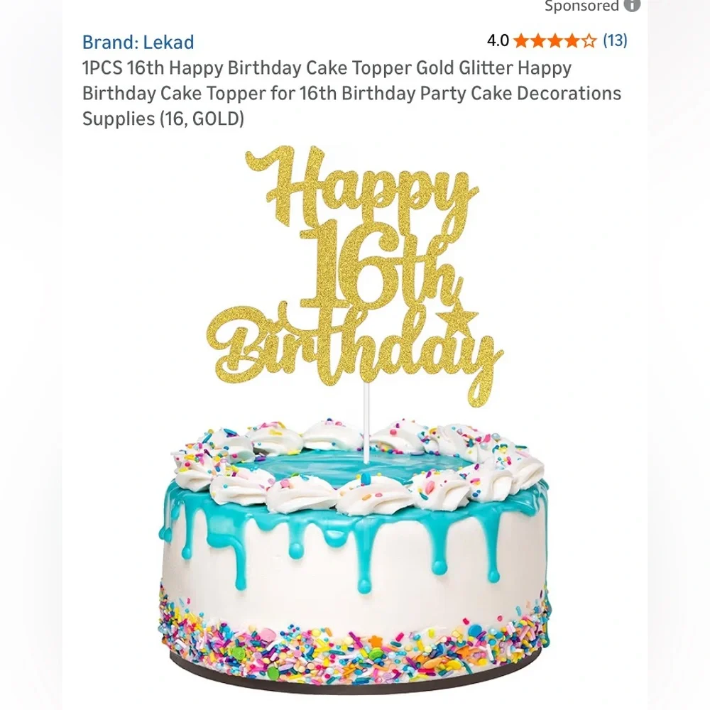 Gold Glitter 'Happy 16th Birthday' Cake Topper